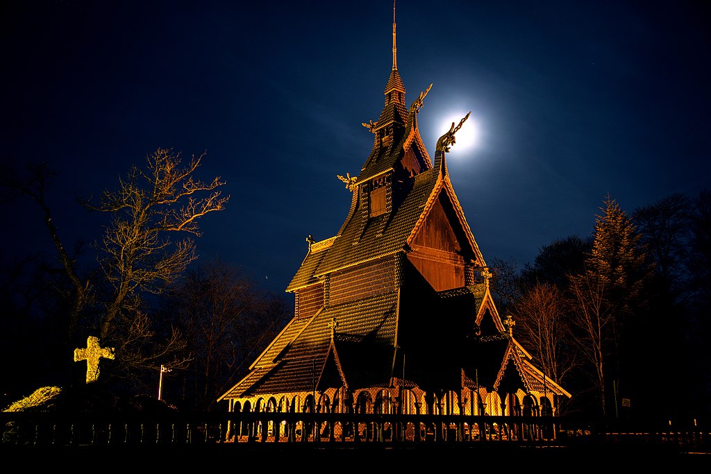 Fantoft stave church at night
