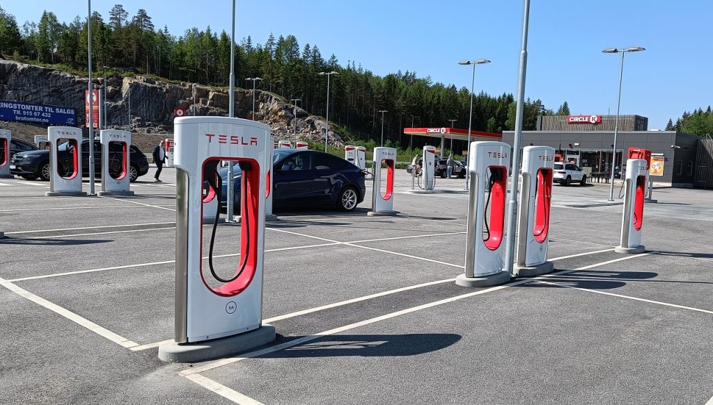 Tesla chargers at a Norwegian gas station. Photo by Nicklas Iversen / The Norway Guide. 